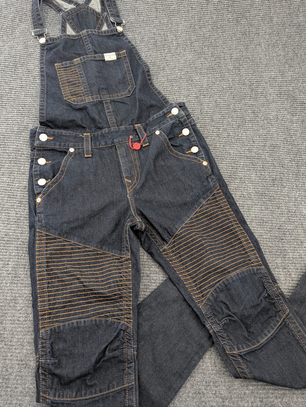 Y2K / Early 2010sTrue Religion Moto Overall Red Orange SN Dark Wash Denim Small